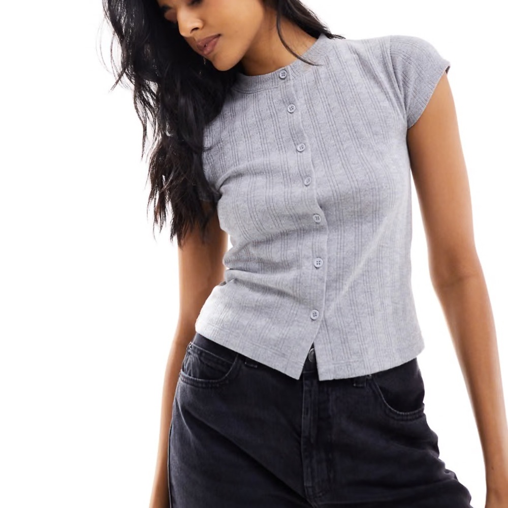 Asos Design Baby Tee Pointelle Cardigan In Gray Heather